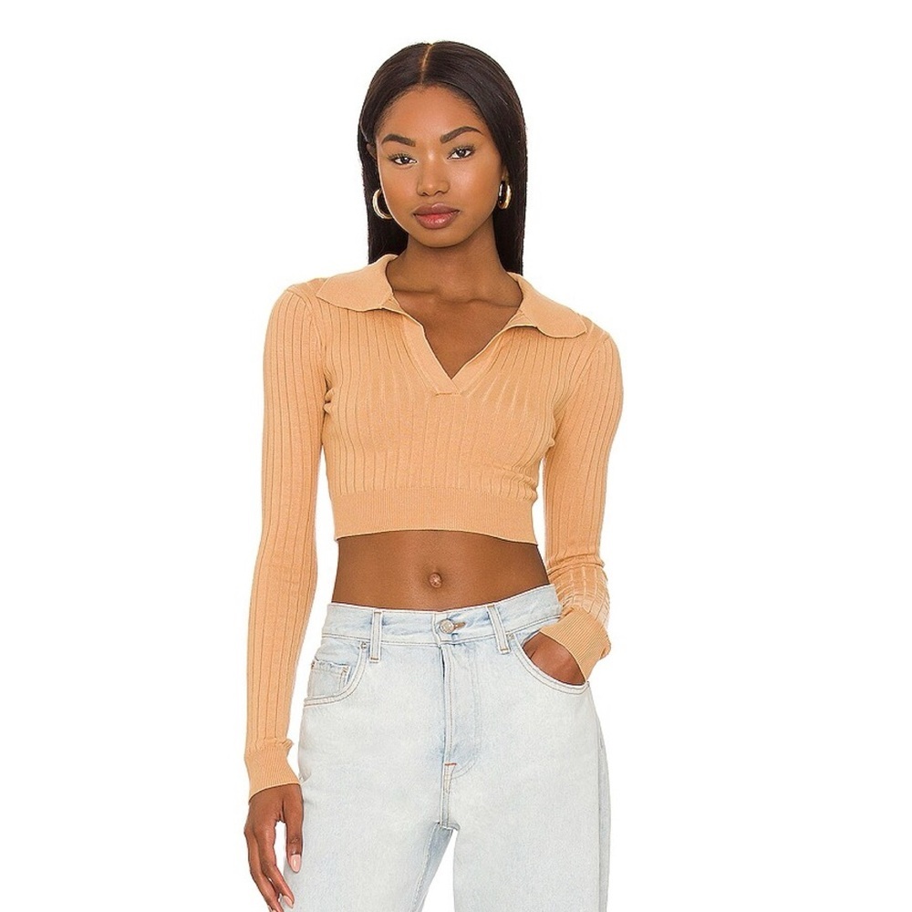 Angela Sweater Top Long Sleeve Crop Tan Women's Medium